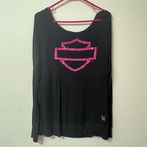 Harley Davidson Women’s L Cancer Awareness Black Riding Shirt Pink Sequin